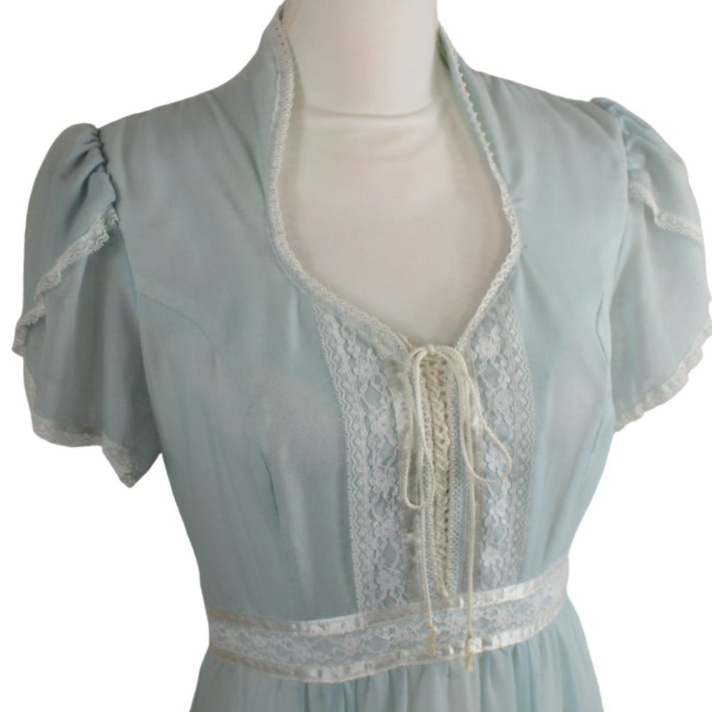 (EUC) Vintage Gunne Sax Jessica Icy Blue White & Lace Accent Prairie Maxi, SZ 13 - Picture 7 of 10
